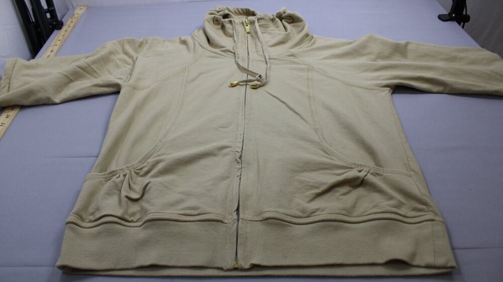 Free Spirit Women's XL Beige Tan Full Zip Short Sleeve Funnel Neck Sweatshirt